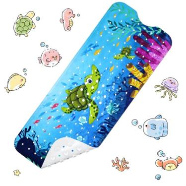 Imagem de Vanleonet Tapete de banho de bebê para banheira, tapete de banheira extralongo, 101 x 43 cm, antiderrapante, infantil, com ventosas e orifícios de drenagem, lavável na máquina, tartaruga marinha