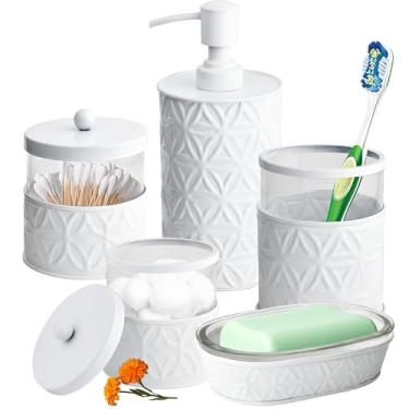 Imagem de Autumn Alley Conjunto De Acessórios Para Banheiro White, 5 Peças, Decoração - Dispensador Sabonete/Loção Banheiro, Porta-Escovas Dente, 2 Potes Vidro Boticário (Suporte Cotonete), Suporte