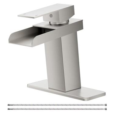 Imagem de BATHLAVISH Torneira de banheiro em cascata, torneiras modernas de níquel escovado com alça única para banheiro de 1 ou 3 furos, torneira misturadora de lavatório, torneira misturadora com deck e ralo