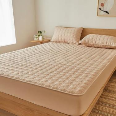 Imagem de ZIQINPSQ Lençol de cama solteiro Gingham GG, 45,7 cm com bolso profundo, respirável, acolchoado, sem bolinhas, resistente a amassados, capa de colchão para todas as estações com pillowease, cáqui