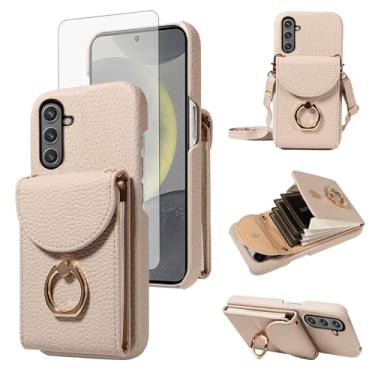 Imagem de Furiet Capa carteira de órgão para Samsung Galaxy S24 FE 5G com protetor de tela de vidro temperado anel fivela alça de ombro, suporte de cartão de couro PU para S 24 EF AI S24FE 24S branco