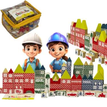 Imagem de Blocos de Montar Infantil, Castelo e Cidade em Madeira, 100 Peças, Brinquedo Educativo Terapêutico