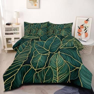 Imagem de CCoutueChen Conjunto de edredom solteiro, folha de palmeira, folhas de palmeira, tropical, dourado, botânico, listrado, microfibra macia, 2 peças com 1 fronha