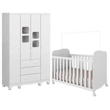 Imagem de Jogo De Quarto Infantil Uli Guarda Roupa 4 Portas E Berço Branco Brilho - Móveis Peroba