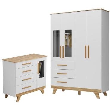 Imagem de Jogo De Quarto Infantil Retrô Janelas Guarda Roupa E Cômoda Branco Brilho/amêndoa - Móveis Peroba
