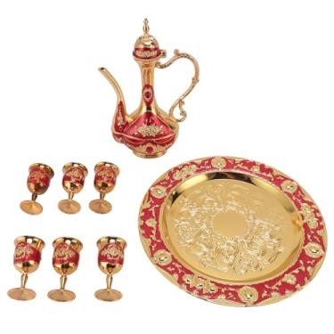 Imagem de Conjunto De Pote De Café Turco Vintage Elegante Liga De Zinco Conjunto De Chá Turco À Prova De Rustproof Para Festa Em Casa Casamento 6 Copos 1 Pote 1 Bandeja (Red de ouro)
