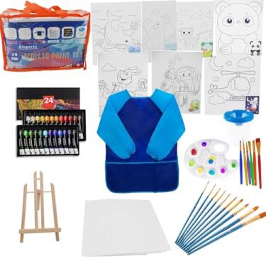Imagem de ZingArts Conjunto de pintura infantil de 38 peças com tinta acrílica de 24 cores, cavalete de madeira, tela, pincéis e bata | Kit de arte completo para meninos e meninas