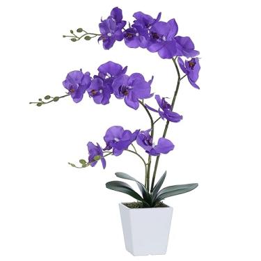 Imagem de YSZL Orquídea falsa em vaso grande orquídea artificial em vaso de cerâmica orquídeas de seda com hastes aparência real Phalaenopsis arranjo de flores decoração de mesa para decoração de casa interior