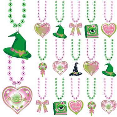 Imagem de Huquary 24 Pcs Witch Party Decorations Pink and Green Beaded Necklaces Bulk Princess Party Decorations Felt Pendant Necklaces Gifts for Witch Birthday Baby Shower Favors Classroom Prizes, 8 Styles