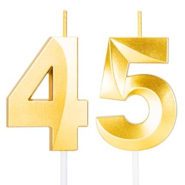 Imagem de Velas de aniversário de 45 anos para bolo, velas douradas para topo de bolo de feliz aniversário, decorações de aniversário para ela, festa de aniversário de casamento