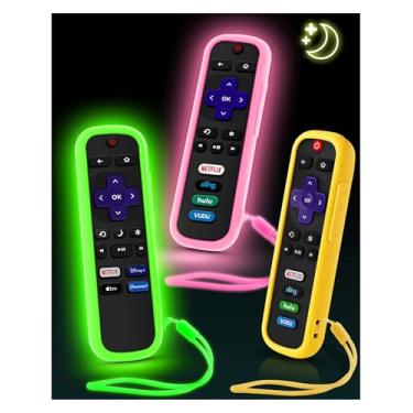 Imagem de Pacote com 3 capas para controle remoto Roku, capa para controle remoto Hisense/TCL Roku | Controle de substituição universal | Capa de silicone | Brilha no escuro | Cordão brilhante | Verde brilhante