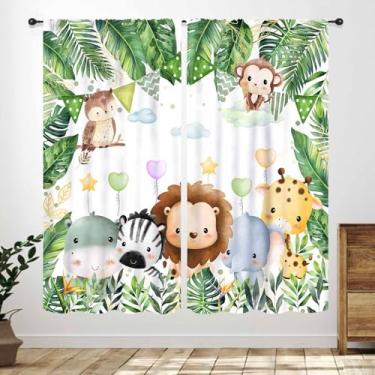 Imagem de Cortinas de animais de safári para quarto de crianças, animais da selva da floresta, leão, girafa, elefante, desenho animado aquarela, animais, crianças, janela de bebê, tratamentos para quarto, sala