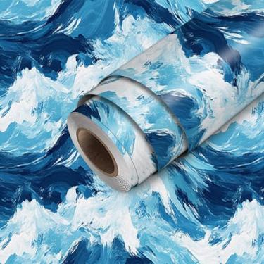Imagem de HOMETITUTE Papel de parede Ocean Wave Peel and Stick de papel de parede de contato marítimo 300 cm x 45 cm Revestimento de parede decorativo de vinil autoadesivo para banheiro, quarto, sala de estar