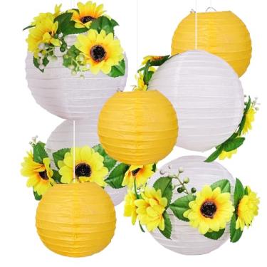 Imagem de 7 peças de lanternas de papel com girassóis artificiais amarelos decorações penduradas tamanho de 15 cm 20 cm lanternas de papel redondas para decoração de casa, festa e casamentos