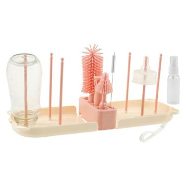 Imagem de Escova de mamadeira, kit de limpeza de mamadeira de viagem 7 em 1, prateleira portátil para secar copos com 6 varas de suporte de drenagem multiuso para viagens em casa (rosa)