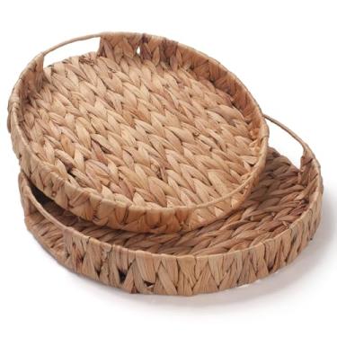 Imagem de Bandeja de servir redonda para mesa de café, jacinto de água, bandeja decorativa para otomano com alça conjunto de 2 (30 cm + 34 cm)