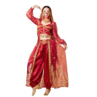 Imagem de ORIDOOR Novo conjunto de fantasia de dança do ventre Aladdin Jasmine Princess Halloween dança do ventre para festa de vestir, pequeno, vinho tinto