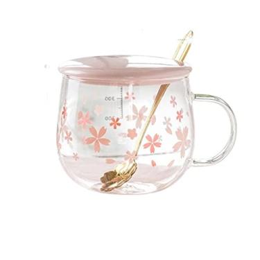 Imagem de Caneca de vidro fofa com tampa de colher copo de café leite rosa escritório cozinha copos delicados sobremesa flor de cerejeira canecas
