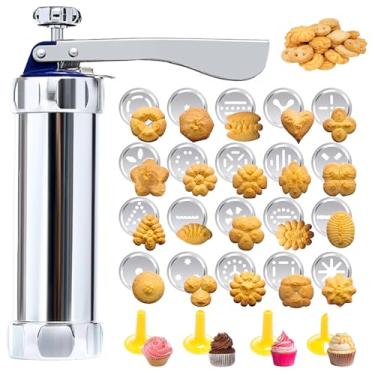 Imagem de MAJCL Pistola de prensa de biscoitos e máquina de fazer biscoitos – Kit de prensa de biscoitos Spritz com 20 discos e 4 pontas de tubulação | Prensa de queijo para assar e decorar bolos, perfeita para