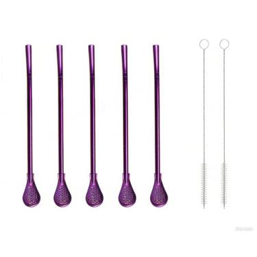 Imagem de Colher e filtro de canudo de aço inoxidável reutilizável 4 em 1, 5 peças com 2 escovas de limpeza, grau alimentício 304, agitador reutilizável para casa, bar, café (roxo, 18 cm)