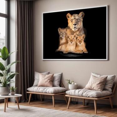 Imagem de Quadro com Moldura Sala Quarto Leoa com 3 Filhotes Decorativo Horizontal Grande Hall