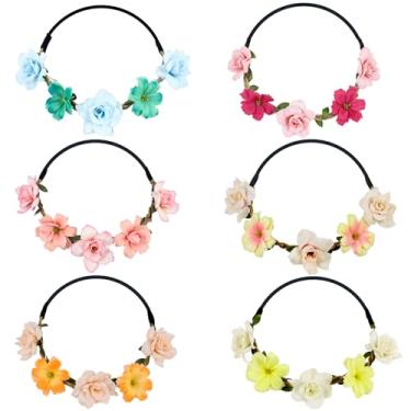 Imagem de Pacote com 6 coroas de flores florais, guirlandas, guirlandas de cabelo boho ajustáveis para noivas, damas de honra, damas de honra, casamentos (cor mista)