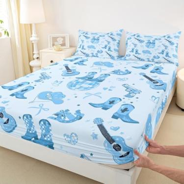 Imagem de Lençol casal de cowgirl ocidental, chapéu com laço azul, estampa de botas, tecido macio, bolso profundo, capa de colchão infantil, música de caubói do sudoeste, com 2 fronhas (sem lençol de cima)