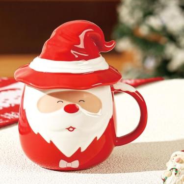Imagem de Copo de Natal de cerâmica, caneca de Papai Noel coberta de 590 ml, copo de presente divertido para férias, adequado para leite, café, chá, chocolate quente (D)