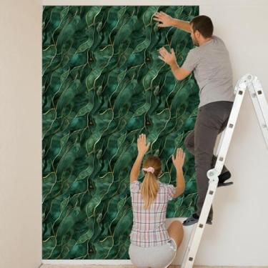 Imagem de ESSMOKO Papel de parede textura verde fio dourado decoração sala de estar quarto cabeceira fundo adesivo de parede escritório papel de parede autoadesivo comum tipo autoadesivo 45 * 600 cm