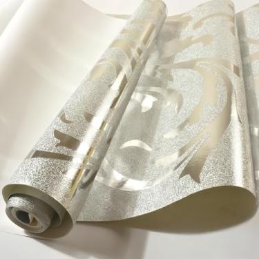 Imagem de ESSMOKO Papel de parede padrão folha de acanto folha dourada PVC impermeável papel de parede não autoadesivo teto sala de estar quarto fundo adesivo de parede prata 53 * 950 cm