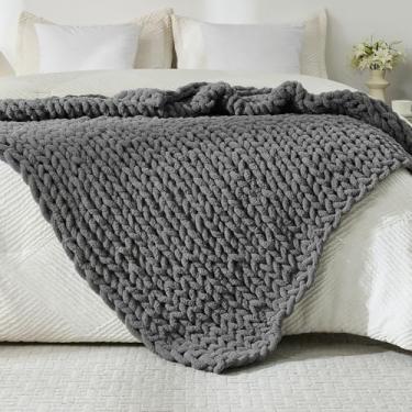 Imagem de YAAPSU Cobertor de malha grossa para sofá, 129,5 x 160 cm, 100% tricotado à mão com fio de chenille jumbo aconchegante, cobertores macios de crochê com nó de corda grande para decoração de sofá cama e