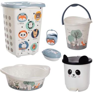 Imagem de Kit cesto de roupa de bebê decorada plasutil 6 peças + bacia + lixeira