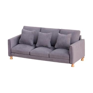 Imagem de YIJU Miniatura sofá casa de bonecas sofá 1:12 com almofadas crianças faz de conta brinquedo modelo de mobiliário, Cinza Escuro