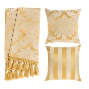 Imagem de Kit 1 Manta Xale para Sofá e Poltronas Em Tecido Jacquard 2 Capas De Almofada (Dourado,1 Manta - 2 Capas)