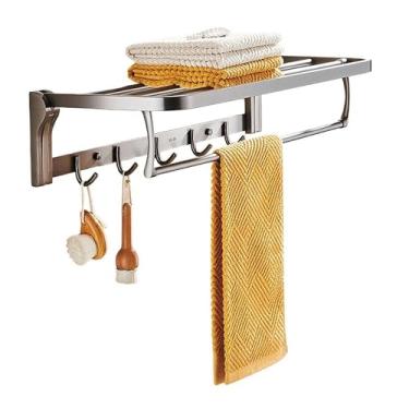 Imagem de Toalheiro dobrável de armazenamento de banheiro para banheiro montado na parede, prateleira de toalha com ganchos de toalha, suporte de toalha de aço inoxidável 304 essenciais para casa