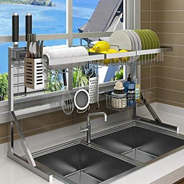 Imagem de WZYCLTT Prateleira de pratos de aço inoxidável de 2 camadas com bandeja coletora, 36 x 20,5 x 32 cm, escorredor de pratos vermelho para tigela, copo, suporte para tábua de corte, escorredor de pratos