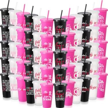Imagem de Willinglong Pacote com 60 copos de plástico para conscientização do câncer de mama com tampas e canudos, 680 g de outubro com fita rosa em 12 designs, suprimentos de festa para eventos femininos
