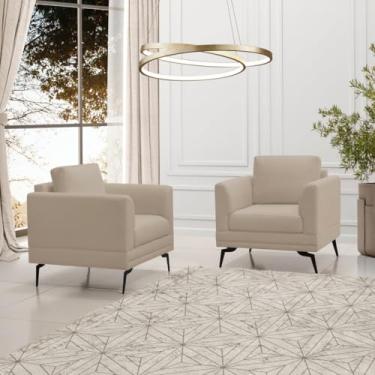 Imagem de Conjunto 2 Poltronas Modernas Poemme Para Sala Estar Estilo Retrô Com Pés de Ferro - Veludo Bege