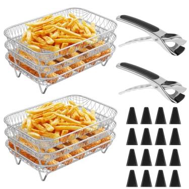 Imagem de 6 unidades de rack de fritadeira a ar quadrada empilhável com clipe, acessórios de cesta de fritadeira a ar bacon de aço inoxidável 304 para Ninja AF300UK, forno, gaveta dupla Ninja Foodi Grill Rack