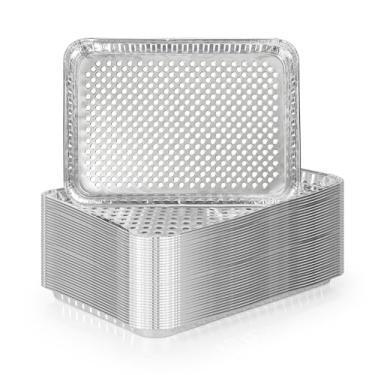 Imagem de YEUIKERR Pacote com 30 frigideiras de alumínio com furos de 40,6 x 30,5 cm, bandeja de gotejamento descartável para churrasqueiras externas, churrasco, assar, preparar refeições