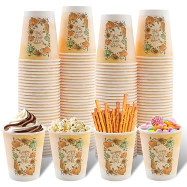 Imagem de Tamone Pacote com 100 xícaras de café descartáveis de 255 g, copos de papel de Ação de Graças à prova de vazamento, copos de papel de girassol e abóbora para café frio/quente, bebida, chocolate, cacau