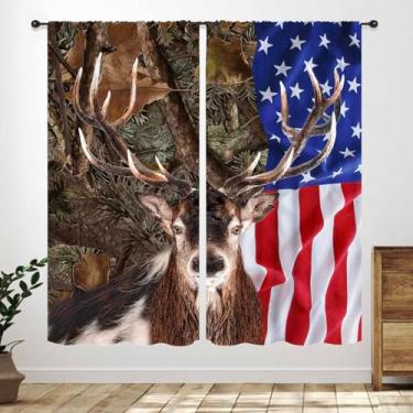 Imagem de Cortinas de caça de cervo, vintage fazenda camuflada floresta vida selvagem caçador de alces camuflagem floresta bandeira americana estilo rural cortinas para quarto sala de estar cozinha janela 53 cm