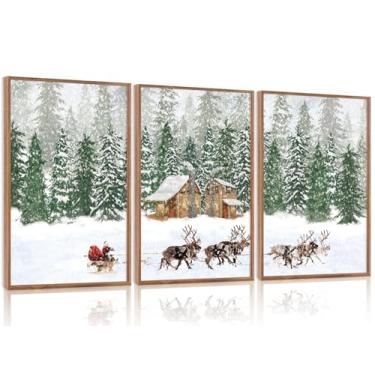 Imagem de CHDITB Arte de parede em tela emoldurada de trenó de rena do Papai Noel (30,5 x 40,6 cm), 3 painéis de impressão de arte de Natal e inverno, presente rústico grande de Natal, cena de neve, floresta