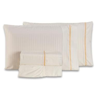 Imagem de Jogo de Cama Lençol SOLTEIRO Mônaco Fitado com Fronha 03 Peças - Tecido Listrado Percal Soft 300 Fios Acetinado Brilhante (Palha)