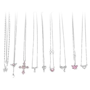 Imagem de Conjunto de 9 colares Y2K para mulheres, joias góticas grunge com cruz gótica, anjo de fada, asas de coração, borboleta, pingente de strass rosa e gargantilha, presentes premium para amigos e