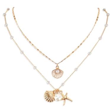 Imagem de 2 colares de concha, joias de praia brilhantes e encantadoras para mulheres, colar de concha multicamadas ajustáveis com pérolas, combinam com todas as roupas, colares de verão para aniversário, festa