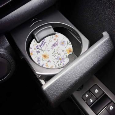 Imagem de Conjunto de 2 porta-copos florais roxos para carro, flores botânicas, flores botânicas, absorvente de pedra cerâmica, com entalhe de dedo para facilitar a remoção do porta-copo automático