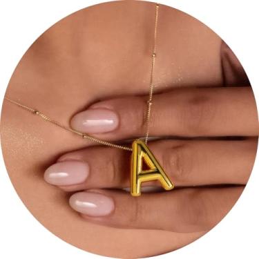 Imagem de Colar feminino com inicial de aço inoxidável banhado a ouro 18K, pingente de letra bolha de A a Z, joia personalizada do alfabeto fofo de A a Z, 18+2in, Aço inoxidável, Sem Pedra Preciosa
