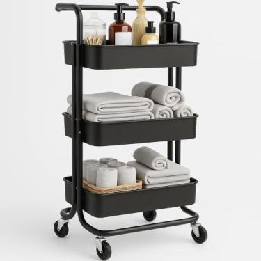 Imagem de Carrinho Organizador Multiuso Preto | 3 Prateleiras e Rodinhas – com Cesto Removível para Banheiro, Cozinha, Lavanderia e Escritório | Estrutura Metálica e Resistente | Fácil de Montar e Compacto