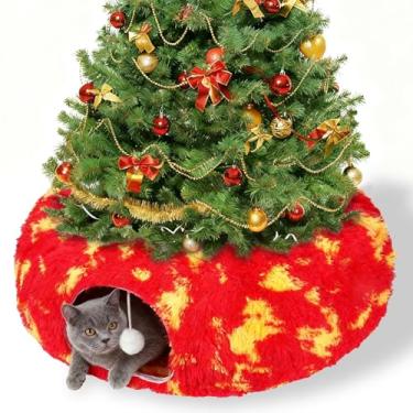 Imagem de TIMIEEYA Saia para árvore de Natal para gatos – túnel circular de brinquedo de gato de Natal com bola de brinquedo, pelúcia macia, multifuncional, decorativa, para gatos, cama para gatos internos